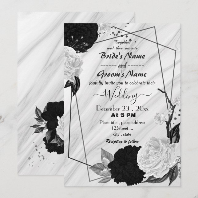 white and black floral geometric wedding invitation (Front/Back)