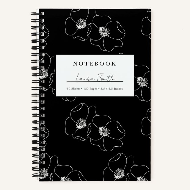White And Black Floral Personalized Notebook (Front)