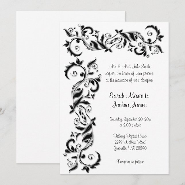 White and Black Floral Scroll Ornate Wedding Invitation (Front/Back)