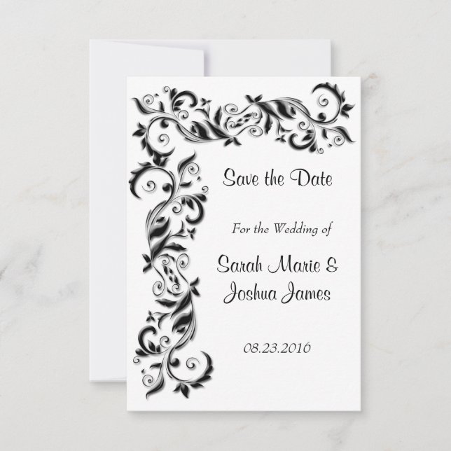 White and Black Floral Scroll Ornate Wedding Save The Date (Front)