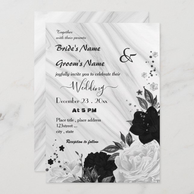 white and black floral wedding  invitation (Front/Back)