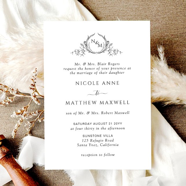 White and Black, Formal Elegant Monogram Wedding Invitation (Creator Uploaded)
