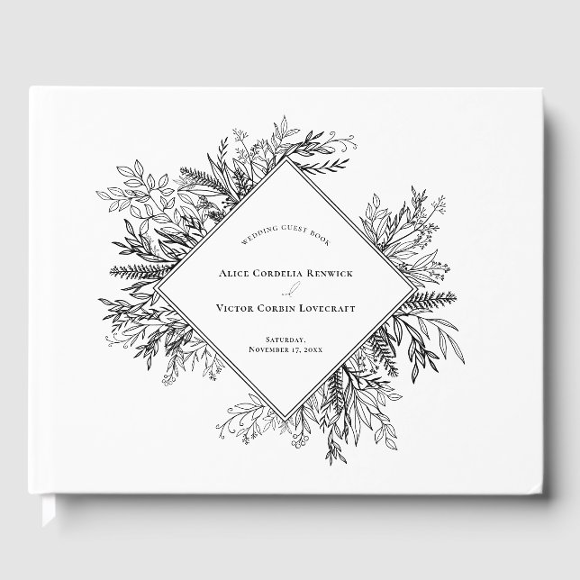 White and Black Greenery Wedding Guest Book (Front)