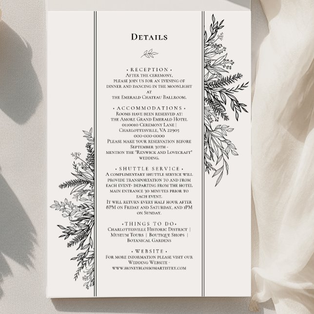 White and Black Greenery Wedding Monogram Details Enclosure Card (Creator Uploaded)