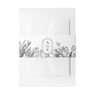 White and Black Greenery Wedding Monogram Invitation Belly Band