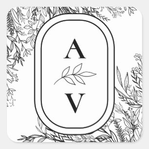 White and Black Greenery Wedding Monogram Square Sticker
