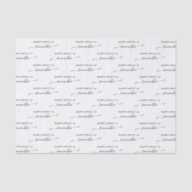 White and Black Happy Sweet 16 Cute Bow Name Tissue Paper (Front)
