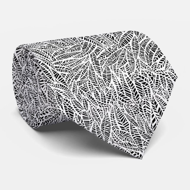White And Black Leaves Pattern Tie (Rolled)