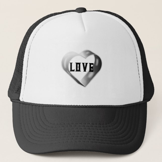 White and Black Love Heart text image Baseball Trucker Hat (Front)