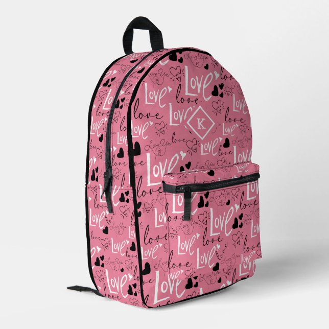 White and black love typography Valentines pattern Printed Backpack (Back Corner Left)