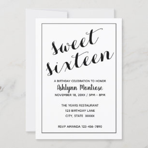 White and Black Minimalist Sweet 16 Invitation
