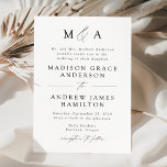 White and Black Modern Elegance Monogram Wedding Invitation<br><div class="desc">Minimalist,  modern wedding invitation featuring your monogram initials and wedding details displayed in black lettering with calligraphy script accents. The white background can be changed to a colour of your choice. Designed to coordinate with our Modern Elegance wedding collection.</div>