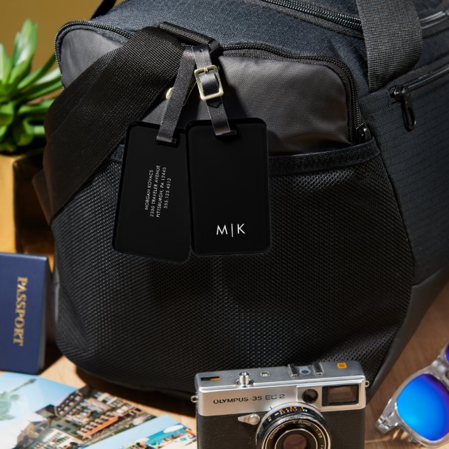 White and Black Modern Monogram Luggage Tag (Front & Back)