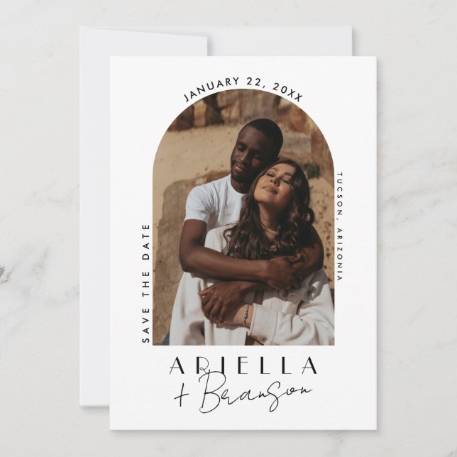 White and Black Modern Photo Save The Date Card (Front)