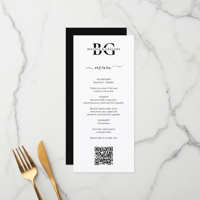 White and Black Monogram Initials QR Code Wedding Menu (Front/Back In Situ)