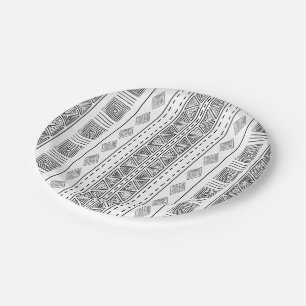 White and Black Mudcloth Inspired Ethnic Tribal Paper Plate