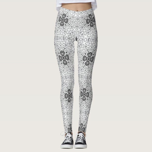 White and black openwork geometric pattern Elsa Leggings (Front)