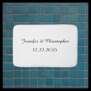 White and Black Personalized Script Name and Date Bath Mat