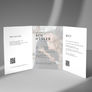 White and black photo wedding RSVP details QR code Tri-Fold Invitation