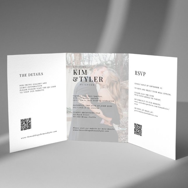 White and black photo wedding RSVP details QR code Tri-Fold Invitation (Creator Uploaded)