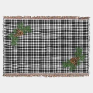 White and Black plaid -with pine-cone detail Throw Blanket