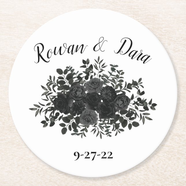 White and Black Rose Gothic Wedding Coasters (Front)