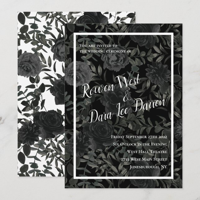 White and Black Rose Gothic Wedding Invitations (Front/Back)