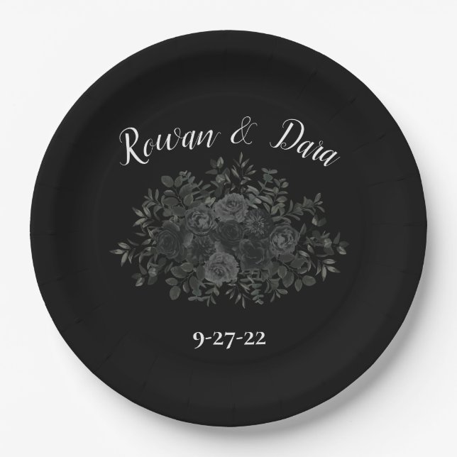 White and Black Rose Gothic Wedding Paper Plates (Front)