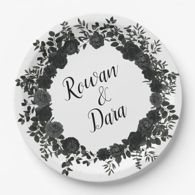 White and Black Rose Gothic Wedding Paper Plates (Front)