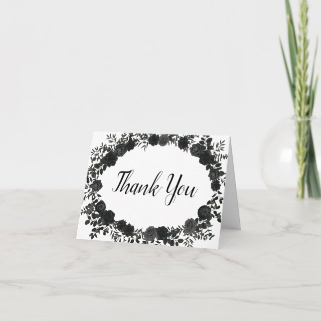 White and Black Rose Gothic Wedding Thank You Card (Front)