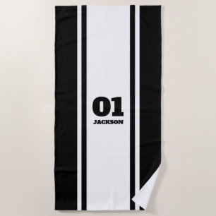 White and Black Sports Stripe Name & Number Beach Towel