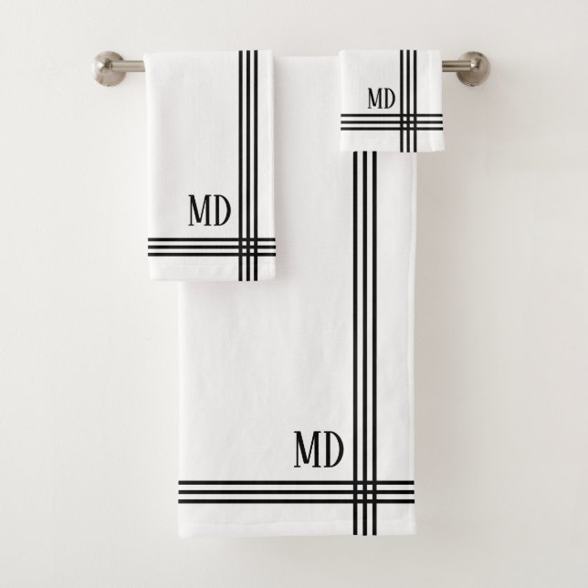 White and Black Striped Custom Initials Simple Bath Towel Set (Insitu)