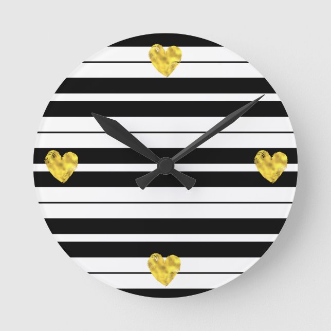 White and Black Stripes with Gold Hearts Round Clock (Front)