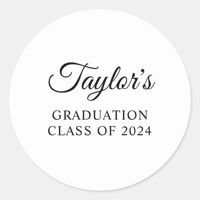 White and Black Stylish Script Graduation Classic Round Sticker (Front)