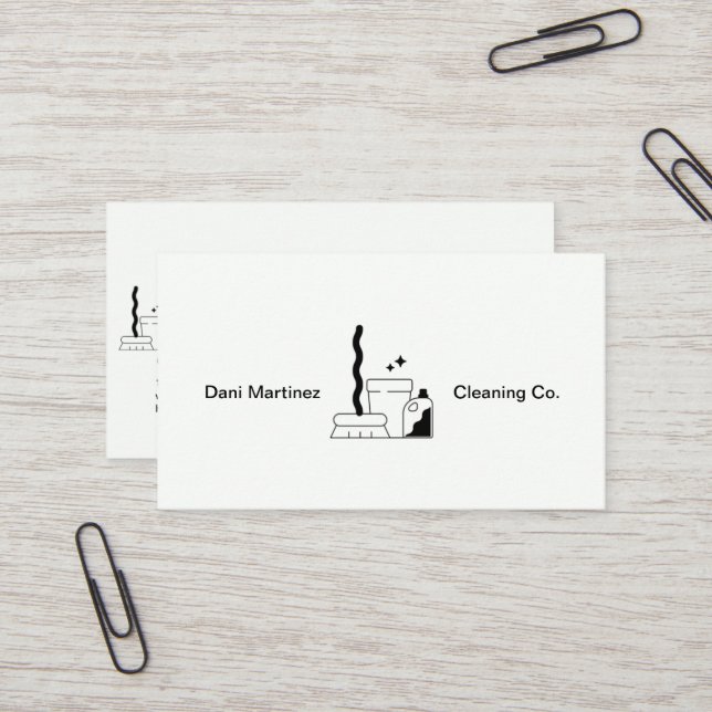 White and Black Text Simple Cleaning Services  Business Card (Front/Back In Situ)
