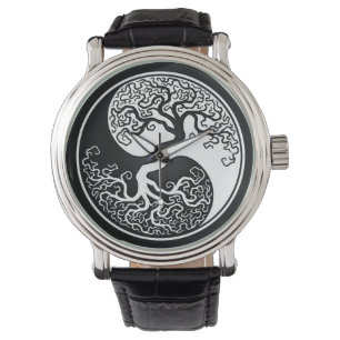 White and Black Tree of Life Yin Yang Watch