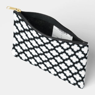 White and Black Trellis, Lattice, Quatrefoil Accessory Pouch