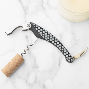 White and Black Trellis, Lattice, Quatrefoil Corkscrew