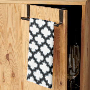 White and Black Trellis, Lattice, Quatrefoil Kitchen Towel