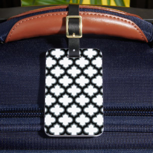 White and Black Trellis, Lattice, Quatrefoil Luggage Tag