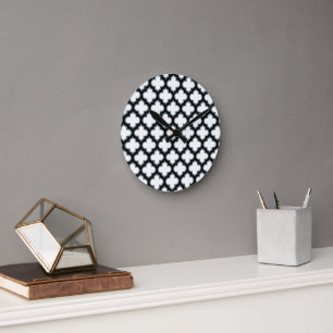 White and Black Trellis, Lattice, Quatrefoil Round Clock