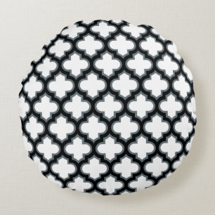 White and Black Trellis, Lattice, Quatrefoil Round Pillow