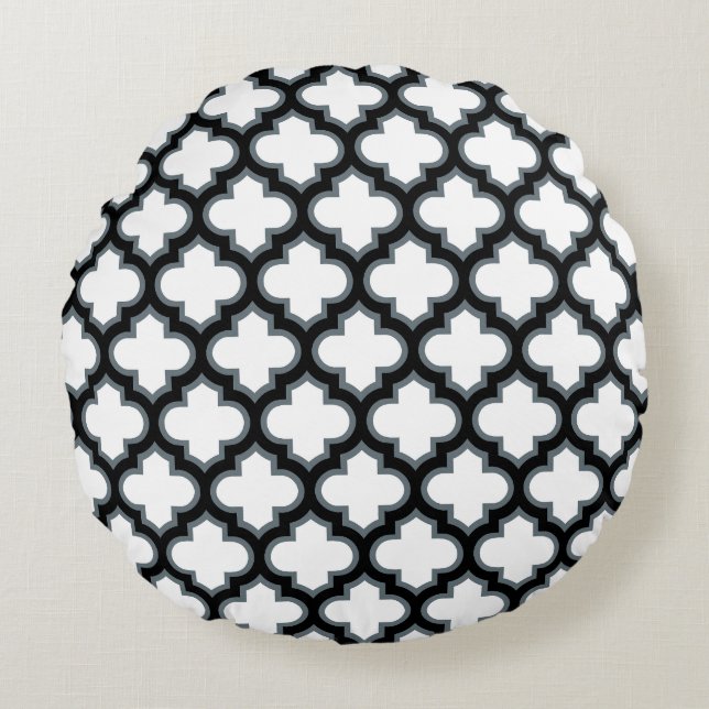 White and Black Trellis, Lattice, Quatrefoil Round Pillow (Front)