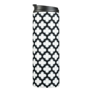 White and Black Trellis, Lattice, Quatrefoil Thermal Tumbler