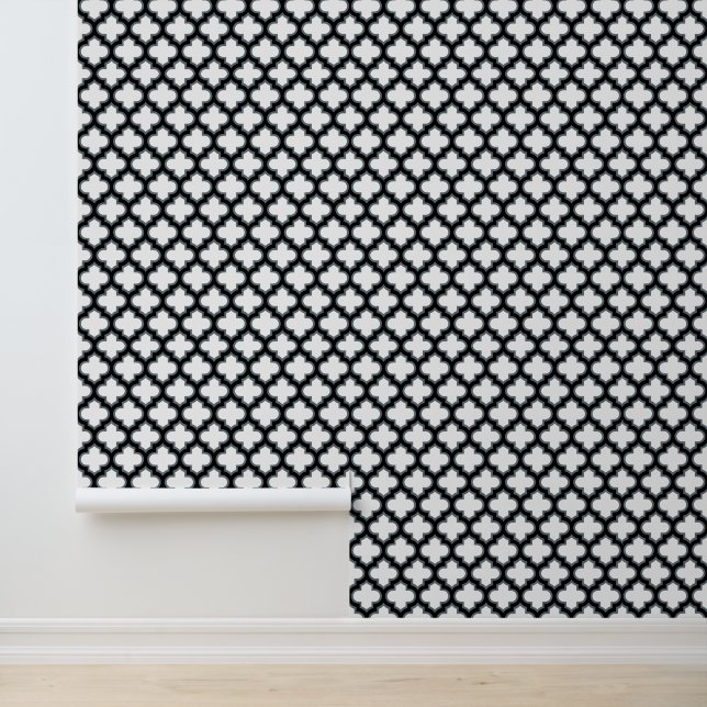 White and Black Trellis, Lattice, Quatrefoil Wallpaper (Application)