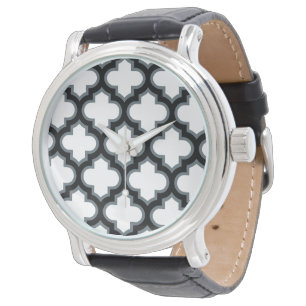 White and Black Trellis, Lattice, Quatrefoil Watch