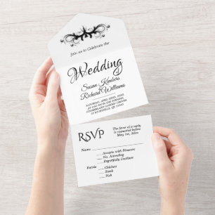 White and Black Tri Fold w Rsvp Wedding All In One Invitation