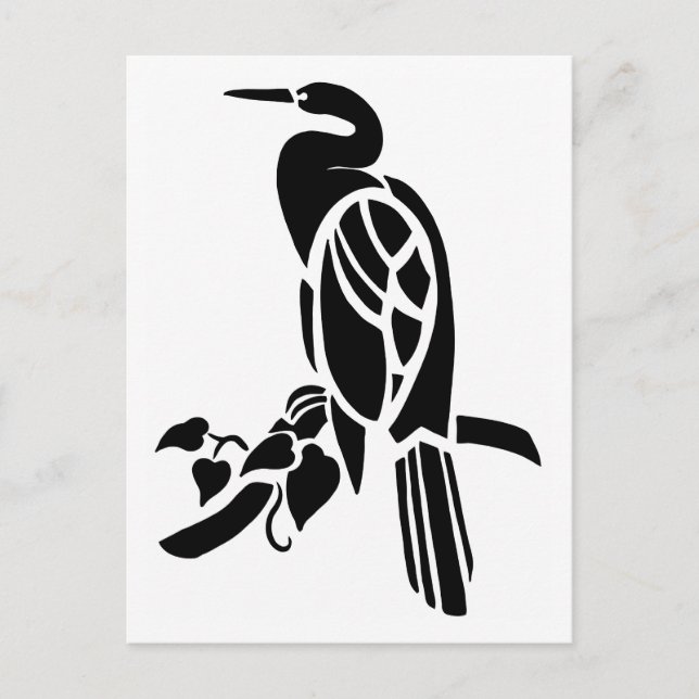 White and black vector art, birds: heron in tree postcard (Front)