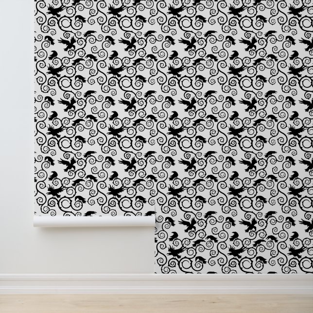White and Black Victorian Gothic jacquard Raven Wallpaper (Application)