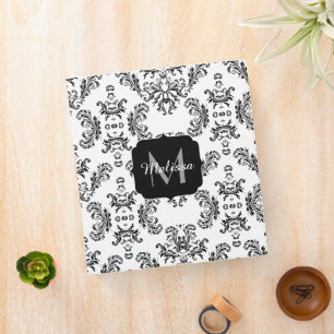 White and Black vintage damask pattern Monogram Binder